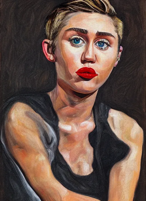 Image similar to Miley Cyrus, painted by Lucian Freud, highly detailed, 8k