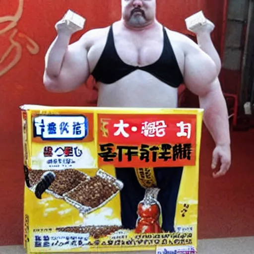 Image similar to the worlds strongest man lifting a bar bell made of soy sauce packets. japanese anime