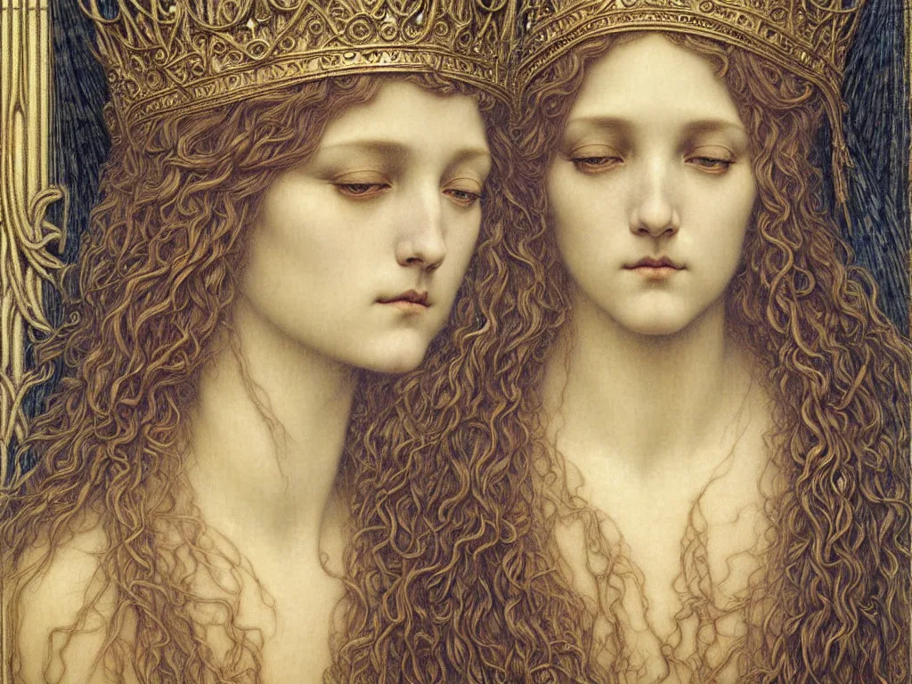 Image similar to detailed realistic beautiful young medieval queen face portrait by jean delville, gustave dore and marco mazzoni, art nouveau, symbolist, visionary, gothic, pre - raphaelite. horizontal symmetry