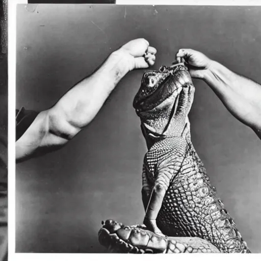 Image similar to photo of a man lifting an alligator above his head in the manner of weightlifting
