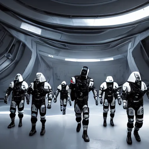 Prompt: A comic book style painting of a group of soldiers in white and black colored power armours, advancing through an abandoned spaceship interior, unreal 5, DAZ, hyperrealistic, octane render, RPG portrait, dynamic lighting
