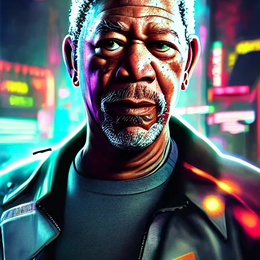 Image similar to morgan freeman portrait, cyberpunk 2 0 7 7, cyberpsycho, photorealistic, ultra detailed, neon, octane, bokeh, cyber, cyberpunk city, feature, scars, cyberface, 8 k