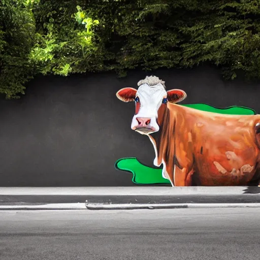 Prompt: cow driving a car, street art style, 4 k