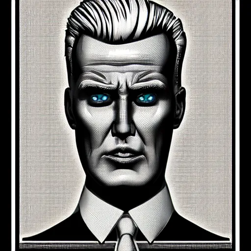 Image similar to character portrait inspired by max headroom and donald trump, digital art work made in comic art style, highly detailed macabre face, realistic