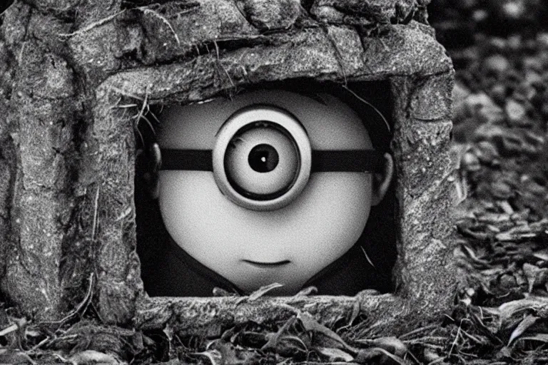 Image similar to a vhs still of a minion in blair - witch project ( 1 9 9 9 ), real life, chromatic abberation, desaturated, noise, cinematic, detailed, move still, ultra realistic face, accurate, 8 k, hd