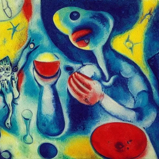 Image similar to an alien drinking horchata, detailed, painting by marc chagall