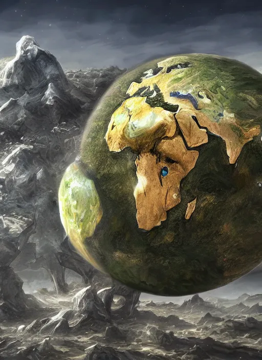 Prompt: destroyed earth held by two hands, digital art, trending on art station, very detailed, detailed background