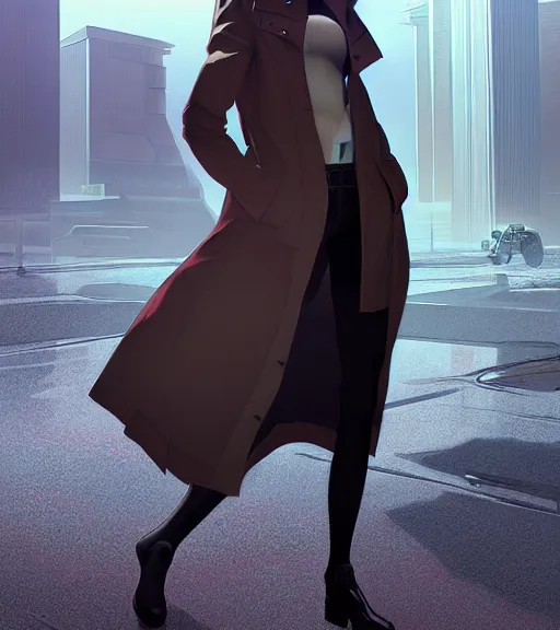 Image similar to realistic render of a cyborg - girl wearing a long trench coat by ross draws, futuristic dystopian city by ilya kuvshinov, digital anime art by ross tran, composition by sana takeda, lighting by greg rutkowski