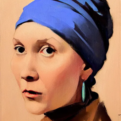 Image similar to greg manchess portrait painting of the girl with the pearl earring with the face of carrie fisher, medium shot, asymmetrical, profile picture, organic painting, sunny day, matte painting, bold shapes, hard edges, street art, trending on artstation, by huang guangjian and gil elvgren and gerald brom