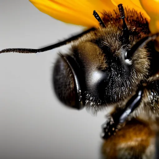 Image similar to an extreme close - up portrait of a bee on a flower, photographic filter, unreal engine 5, realistic, hyperdetailed, 8 k, cinematic, volumetric lighting, very realistic effect, hd, hdr, 4 k, sharp focus, octane render, ultra detailed, high resolution, trending on artstation in the style of albert dros glowing rich colors powerful imagery