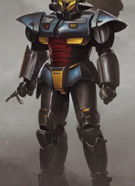 Image similar to medium-length portrait of a male paladin with short curly hair and a salt-and-pepper beard, dark brown skin, wears a suit of power armor, magitech!, gundam, medieval setting, highly detailed, digital painting, artstation, concept art, sharp focus, illustration, art by greg rutkowski and alphonse mucha