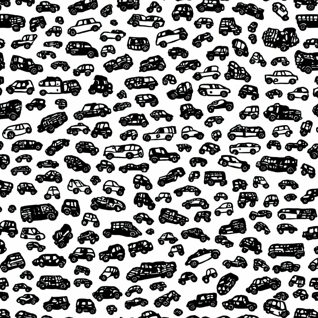 Image similar to seamless tileable pattern showing cars. black and white, drawing, white background, seamless, ornament.