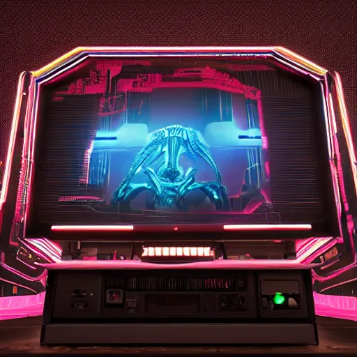 Image similar to a giantic retrofuturistic monitor made by elephant heads, a digital music sheet displayed in the screen, futuristic, cyberpunk, xenomorphic, biomechanical, posthuman, liminal, realistic, ultra detailed, 8 k, cycles render engine, chromatic aberration, dof