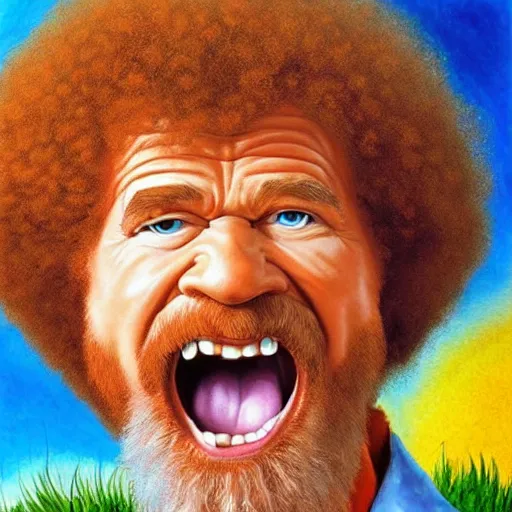 Image similar to insanely angry bob ross screaming at painting mistake