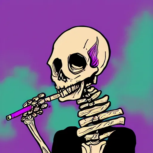 Image similar to a skeleton wearing a business suit with light purple lines on it and smoking a glowing purple cigar with glowing eyes, digital painting, portrait