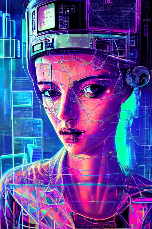 Image similar to dreamy cyberpunk girl, abstract smoke neon, digital nodes, computer network, beautiful woman, detailed acrylic, grunge, intricate complexity, by dan mumford and by alberto giacometti, robert rauschenberg