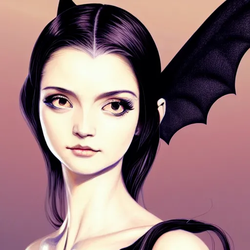 Image similar to 3 / 4 view of a portrait of pixie woman with bat wings, confident pose, pixie, genshin impact,, intricate, elegant, sharp focus, illustration, highly detailed, concept art, matte, trending on artstation, anime, strong brush stroke, sharp focus, illustration, morandi color scheme, art station, by ilya kuvshinov h 6 4 0