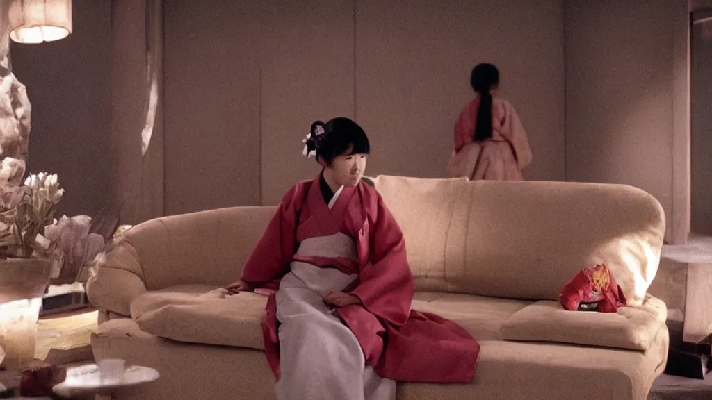 Image similar to woman in hanbok sitting on a couch, starfish monster's shadow is seen behind her, korean interior, kaiju - eiga monster movie by denis villeneuve, cinematography by akira kurosawa and ishiro honda