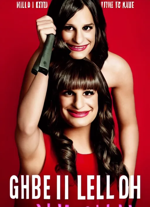 Image similar to glee sequel poster where rachel berry is the villain, evil bloody serial killer lea michele in rags with knife cackling maniacally, with text, dark disturbing version of glee, airing in 2 0 2 3