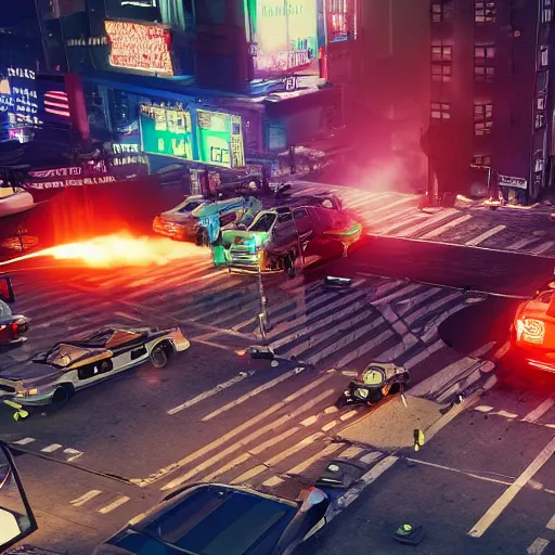 Prompt: mafia in a firefight with the police in new york city, cyberpunk, highly detailed, cars, traffic signs, robots, neon lights, big and small, skyscrapers, explosions