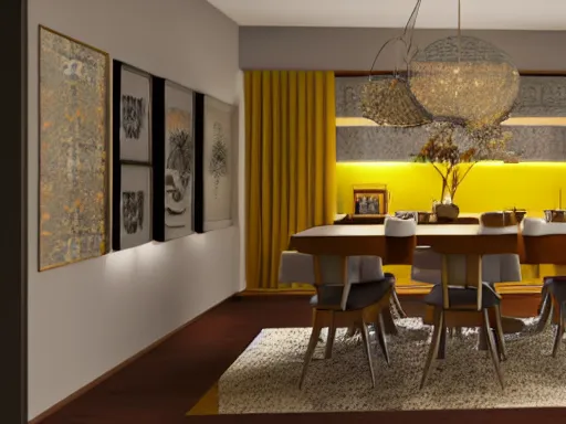 Prompt: interior design of a dining room of a home, light brown and yellow color scheme, 4 k, photorealist