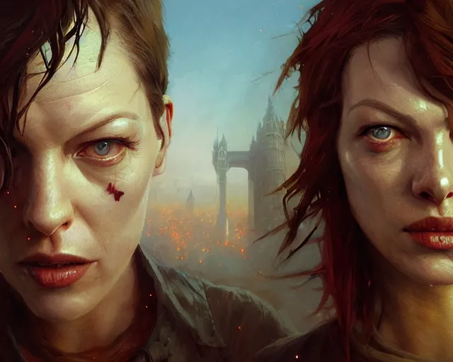 Image similar to highly detailed portrait of milla jovovich, in 2 8 days later, stephen bliss, unreal engine, fantasy art by greg rutkowski, loish, rhads, ferdinand knab, makoto shinkai and lois van baarle, ilya kuvshinov, rossdraws, tom bagshaw, global illumination, radiant light, detailed and intricate environment