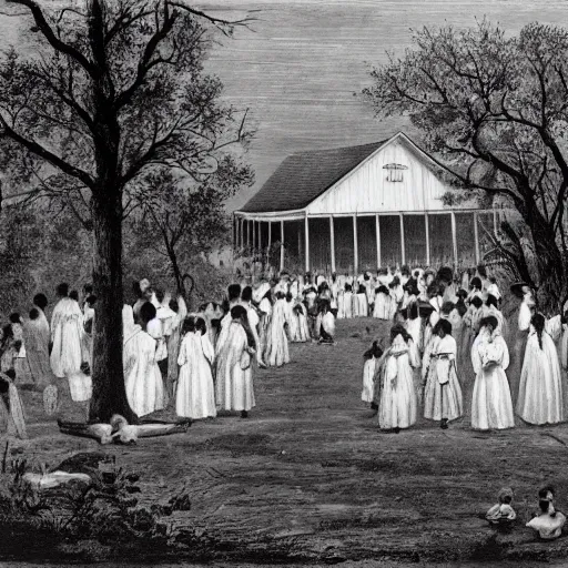 Image similar to 1 9 th century southern gothic scene of a religious gathering, louisiana, bayou in the background, old white wooden church