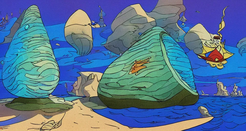 Prompt: giant abalone - shaped seashell house in the ocean by dr seuss, ralph mcquarrie, in the style of zelda windwaker, triadic color scheme, cell shading, 3 d