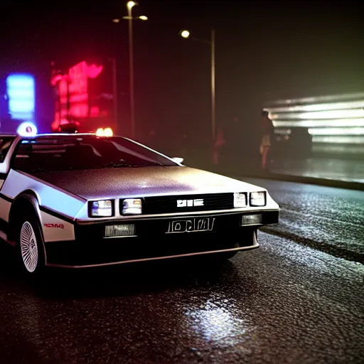 Prompt: Hyperdetailed, photorealistic photograph of a DMC 12 Delorean driving in the streets, rain, night, dense fog, HD, unreal engine 5