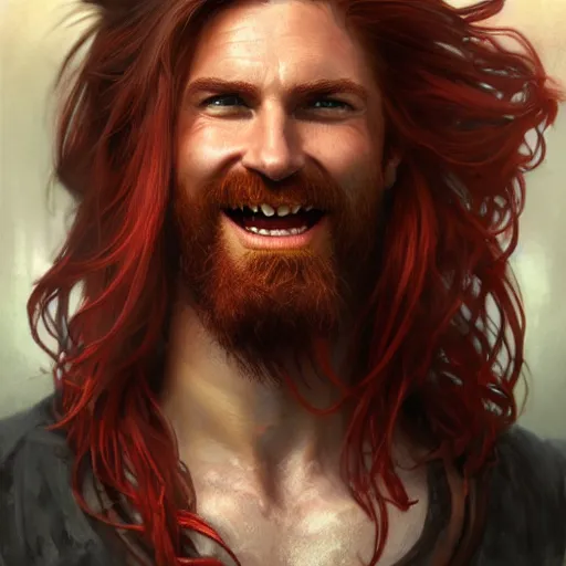 Image similar to portrait of a young ruggedly handsome but joyful pirate, male, masculine, upper body, red crimson hair, long flowing hair, fantasy, wide grin, intricate, elegant, highly detailed, digital painting, artstation, concept art, matte, sharp focus, illustration, art by artgerm and greg rutkowski and alphonse mucha