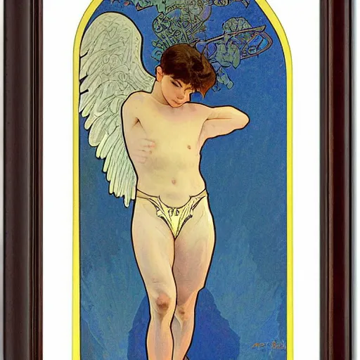 Image similar to ultra realistic illustration of thirteen year old winged boy angel, full body, male body, elegant study, art nouveau poster by alphonse mucha