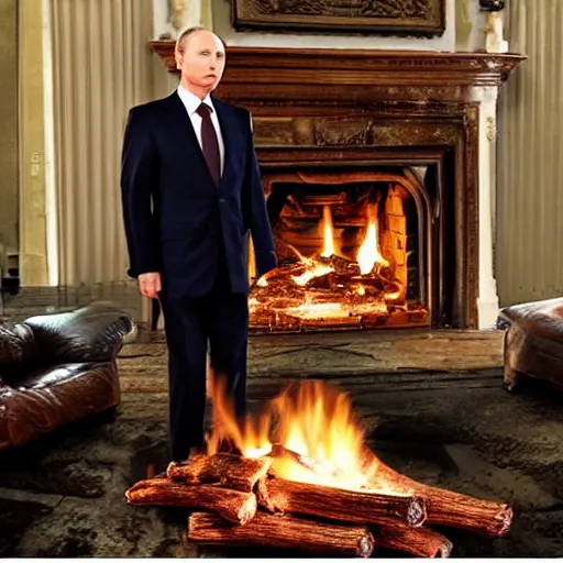 Prompt: vladimir putin in a waistcoat staring at a log fire photograoh