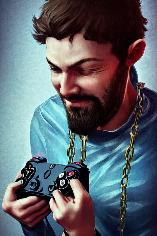 Image similar to very happy tired man holding gaming console in hands. he is chained to the console, intricate, elegant, highly detailed, digital painting, artstation, concept art, addiction, chains, smooth, sharp focus, illustration, art by ilja repin