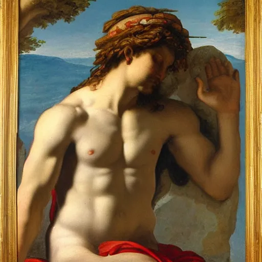 Prompt: thinking man kneeling in front of Aphrodite, painting, greek