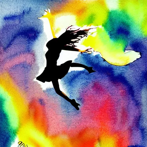 Image similar to dancing on top of a rainbow in the stratosphere, minimalist, muted color, watercolor, ink under paint, muted colors, high - angle view. digital art, ue 5