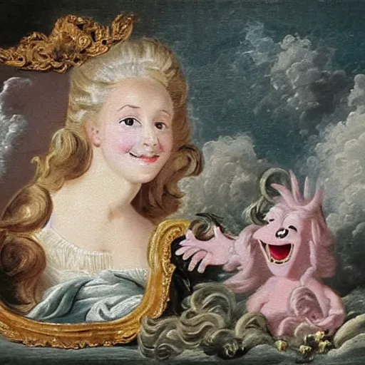 Prompt: helga pataki's teeth, soft rainbow, painting by francois boucher, sad muppet eyes