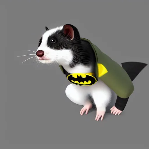 Prompt: A ferret as Batman, 3D render, Cinema 4D