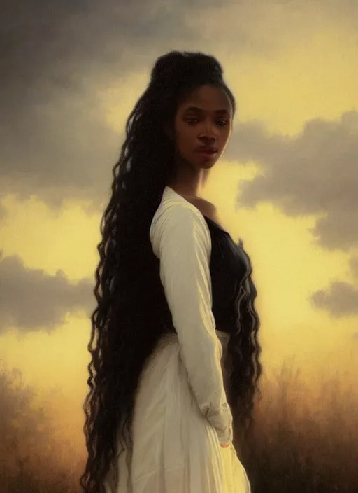 Image similar to oil painting close up portrait of a contemplative young black woman with long dark flowing hair in a black dress, surrounded by white lilies!! at sunset, hazy, digital art, chiaroscuro, artstation, cinematic, golden hour, digital art painting by greg rutkowski, william - adolphe bouguereau, hazy atmosphere, cinematic lighting