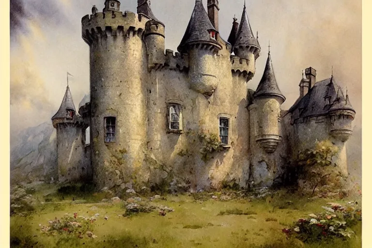 Prompt: 1950s castle muted colors. by Jean-Baptiste Monge, James Gurney