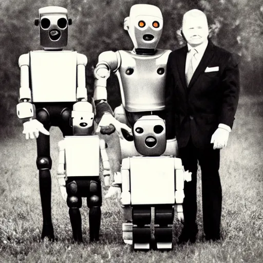 Image similar to the most creepy family photo of robots