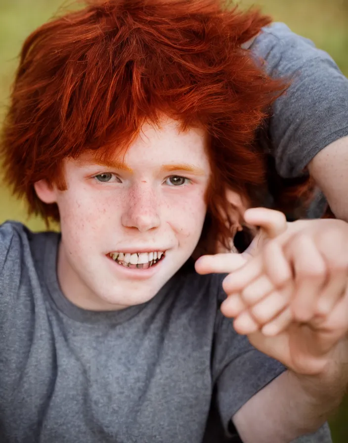 Image similar to portrait of a15 year old red-haired boy, f2.8 50mm lens, canon