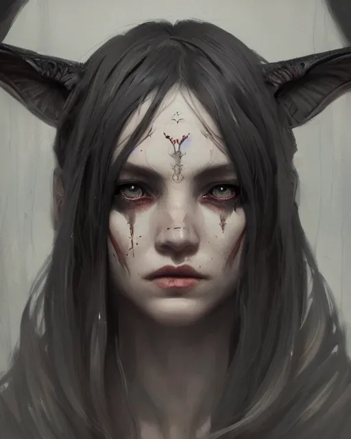 Prompt: a demon girl, flawless symmetrical pretty face, greg rutkowski, 8 k, shallow depth of field, intricate detail, concept art,