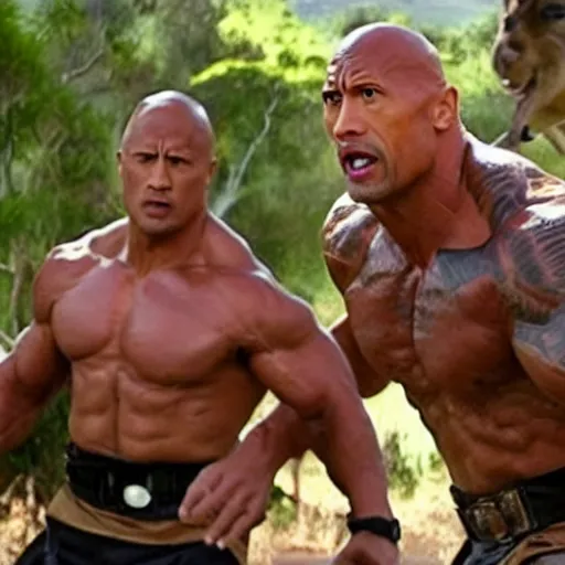 Prompt: dwayne johnson as a ninja fights multiple kangaroos