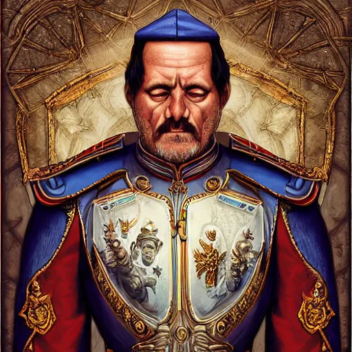 Image similar to digital painting of a dictator in a onesey by filipe pagliuso and justin gerard, symmetric, fantasy, highly, detailed, realistic, intricate