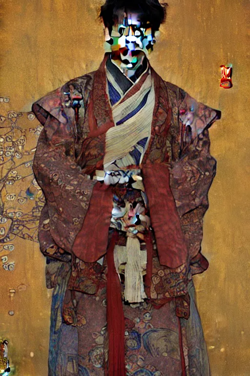 Prompt: a man wearing hanfu, muscular, detailed face, correct face, cyberpunk chinese ancient castle, fantasy, painting by Gustav Klimt, greg rutkowski and alphonse mucha