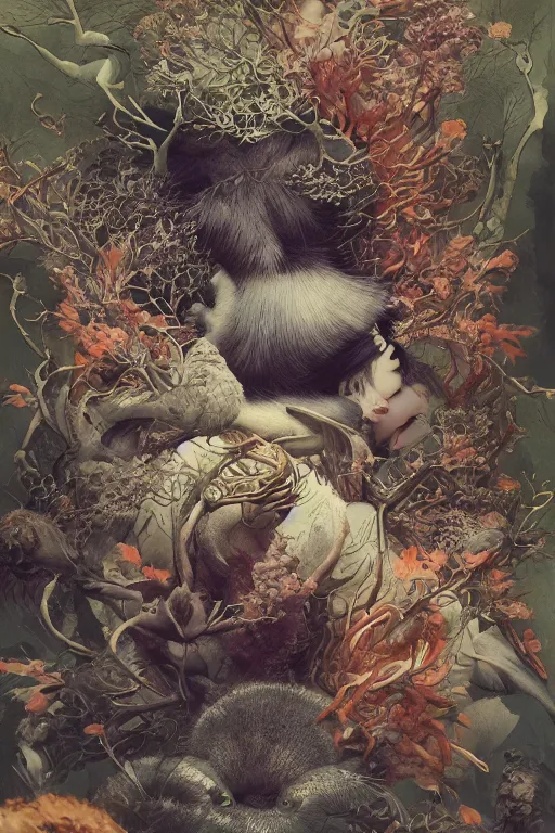 Prompt: a cover of japanese art magazine about animal creatures bio by illustrated by miyazaki by karol bak, james jean, tom bagshaw, rococo, sharp focus, trending on artstation, cinematic lighting, hyper realism, octane render, 8 k, hyper detailed, vivid, ultra detailed, highly detailed