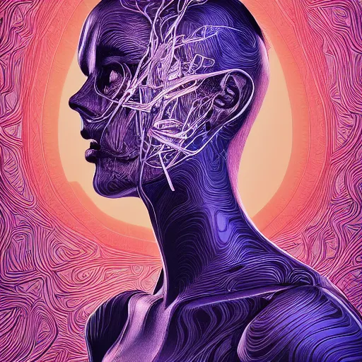 Image similar to the anatomy of a head of polished chrome that resemble a beautiful woman, an ultrafine detailed illustration by james jean, intricate linework, bright colors, final fantasy, behance contest winner, vanitas, angular, altermodern, unreal engine 5 highly rendered, global illumination, radiant light, detailed and intricate environment