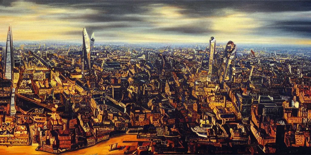 Prompt: oil painting of the london skyline, highly detailed, dramatic lighting, intense shadows, rich deep colours, by salvador dali