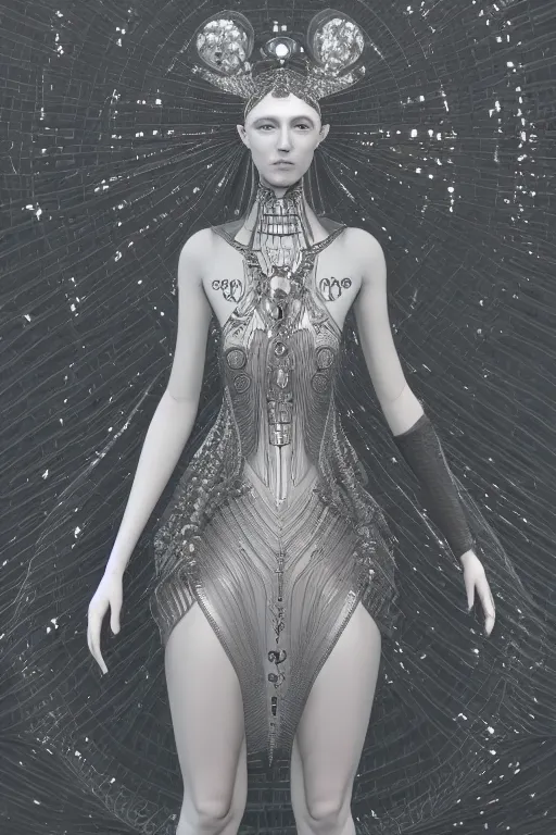 Image similar to a highly detailed medium shot 8 k render portrait of an alien goddess fashion model in iris van herpen dress schiaparelli in diamonds and jewelry in style of alphonse mucha trending on artstation made in unreal engine 4