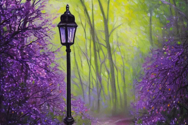 Image similar to vintage iron lamp post in lush spring forest. Cinematic, small purple flowers, hiking trail. detailed oil painting